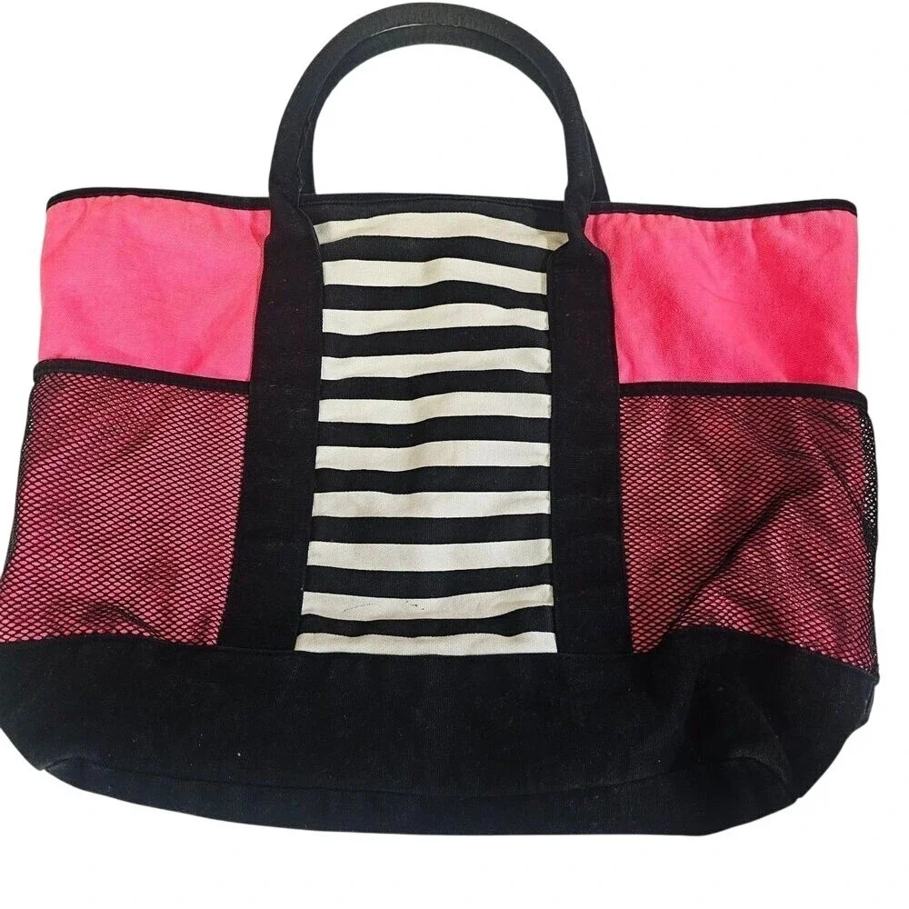 Victoria's Secret Beach Tote Bag with Mesh Pockets‎ Pink Black Striped SummerEUC